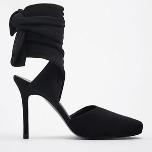 Zara black leather heels with thick ankle ties